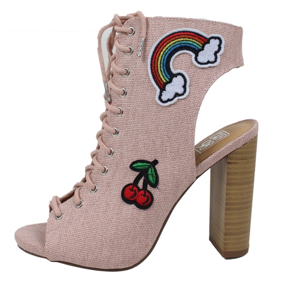 Shoes - Pink Canvas Embroidery Patch Block Heel Boot